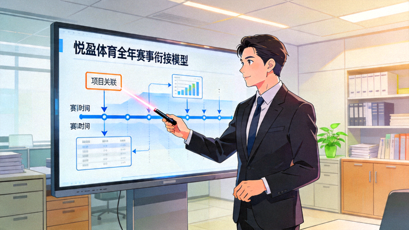 分析师正在大屏幕前解析悦盈体育全年赛事衔接模型